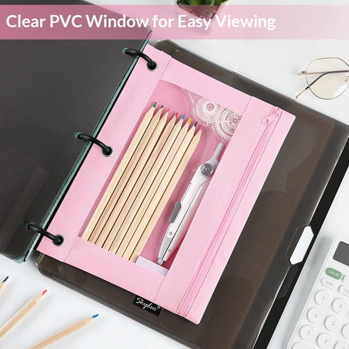 SKYDUE Pencil Pouch for 3 Ring Binder, Clear Window Pencil Case with Smooth Zipper for Girls Boys, Pink & Purple