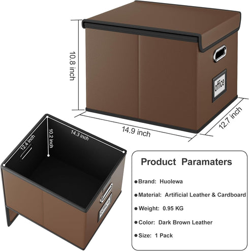 Huolewa Upgraded Faux Leather File Organizer Box with Lid, Collapsible Hanging Folder Box for Home/Office Storage