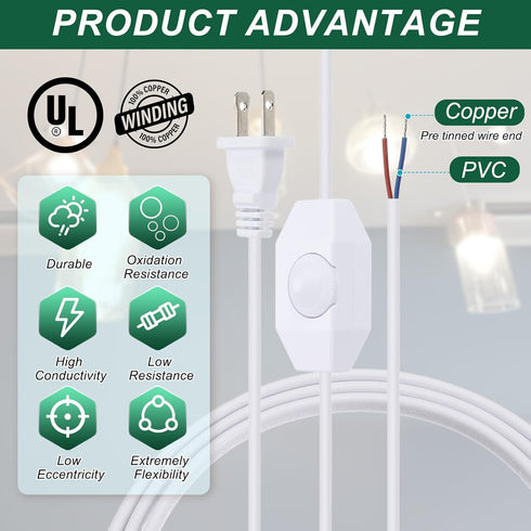 PATIKIL 8 3 Set Feet Lamp Cord with Plug, UL List Lamp Power Cord with Full Range Rotary Lamp Switch Stripped Ends