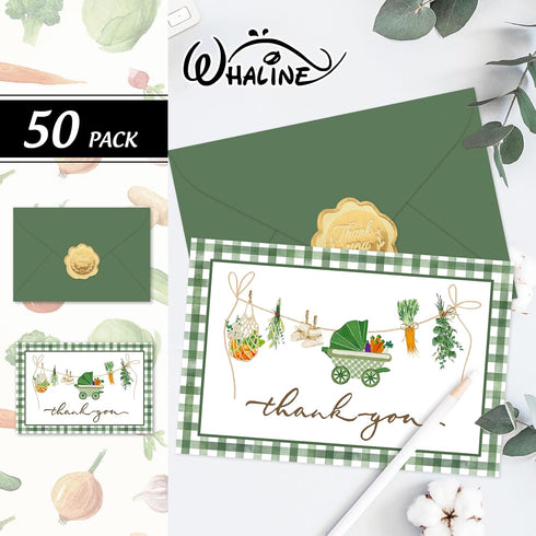 50 Pack 4 6 Inch Whaline Baby Shower Thank You Cards Boxed Green Plaid Vegetable Greeting Cards with Envelopes Stickers
