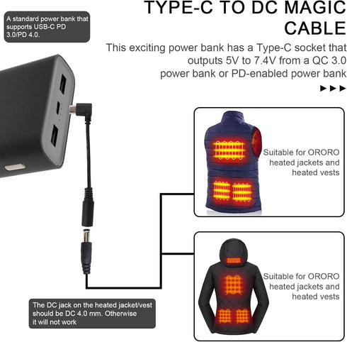 Penitue 7.4V/9V 11.42in PD3.0 PD4.0 Heated Jacket Adapter, USB C to DC Cable Heated Gear Vest Accessories Battery