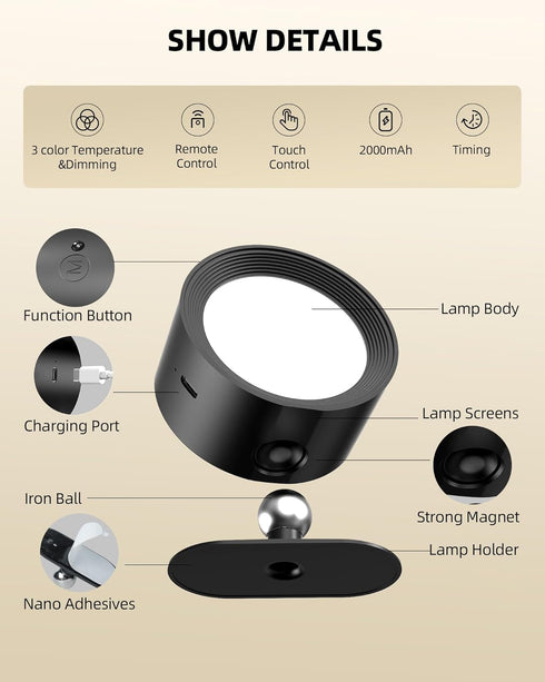 Bedroom,3 Control,360Rotation Dimmable (2 Pack) LED Wall Mounted Lights,Rechargeable Wall Sconces Lamp for Color Temps