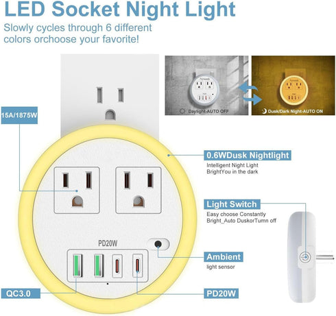 4 2 6-Color LED Night Lights Plug into Wall, Plug in Night Light with USB Ports and Outlets, Smart Dusk to Dawn Sensor