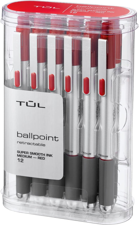 TUL BP3 Ballpoint Pen, Retractable, Medium Point, 1.0 mm, Silver Barrel, Red Ink, Pack of 12