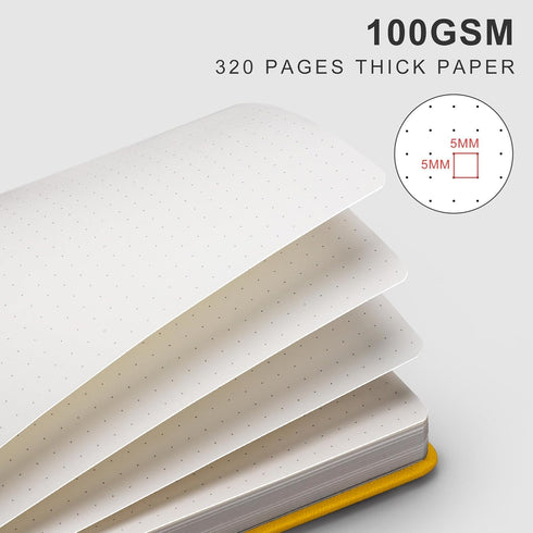 EMSHOI Dotted Journal Notebook, 320 Pages A5 Hardcover Leather Journal for Writing, 5.75" x 8.38" (Yellow)