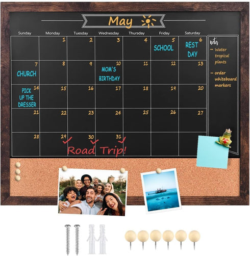 Chalkboard Calendar and Bulletin Combo Board, 18" x 22", Brown Wooden Frame, Magnetic, Perfect for Office, Home School,
