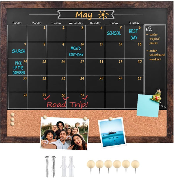 Chalkboard Calendar and Bulletin Combo Board, 18" x 22", Brown Wooden Frame, Magnetic, Perfect for Office, Home School,