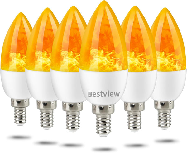 Bestview Flickering Light Bulbs, 3 Modes, E12 Chandelier Base, Candle Fire Light Bulb, 6 Pack for Decoration