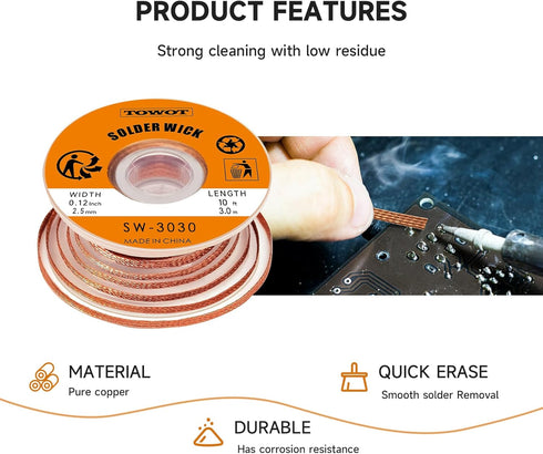 TOWOT 2.5mm No-Clean Electronic Solder Wick Braid, 9.8' Desoldering Wick Remover