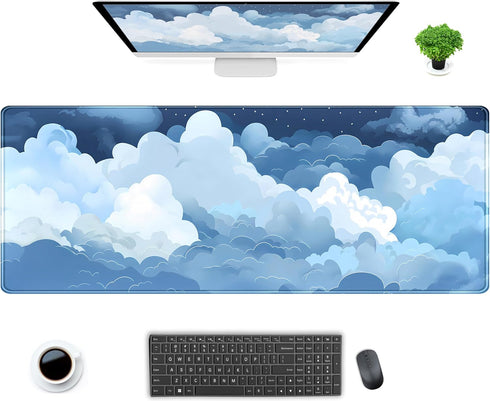 DCJJM Desk Mat Blue and White Puffy Clouds Desk Pad Cute Gaming Mouse