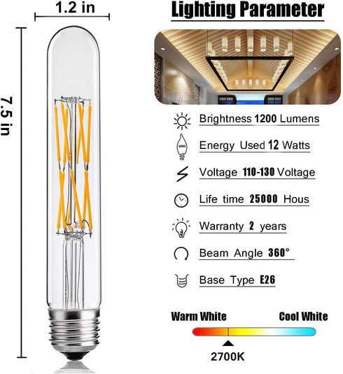 Leools T10 LED Bulbs, 12W Dimmable Tubular Bulb, 100W Equivalent Edison Style Vintage Filament, 3-Pack