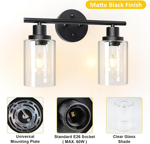 Unicozin 2 E26 (Bulbs Light Vanity Lights, Black Wall Sconce Light with Clear Glass, Bathroom Light Fixtures, Wall