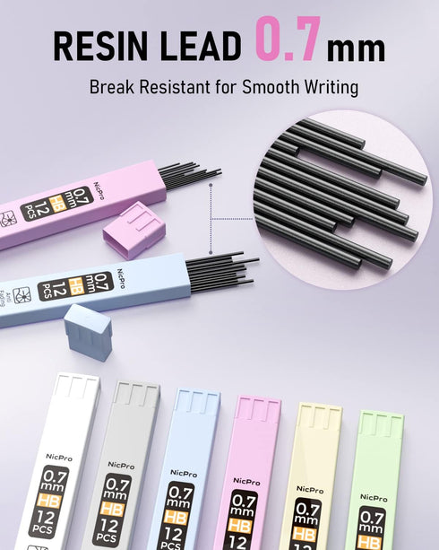 Nicpro 6PCS Pastel Mechanical Pencil Set - 0.7 mm Cute Pencils with Comfort Grip, Lead Refill & Erasers