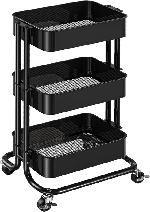 Pipishell 3 Tier Metal Rolling Utility Cart, Heavy-Duty Storage with 2 Lockable Wheels, Black