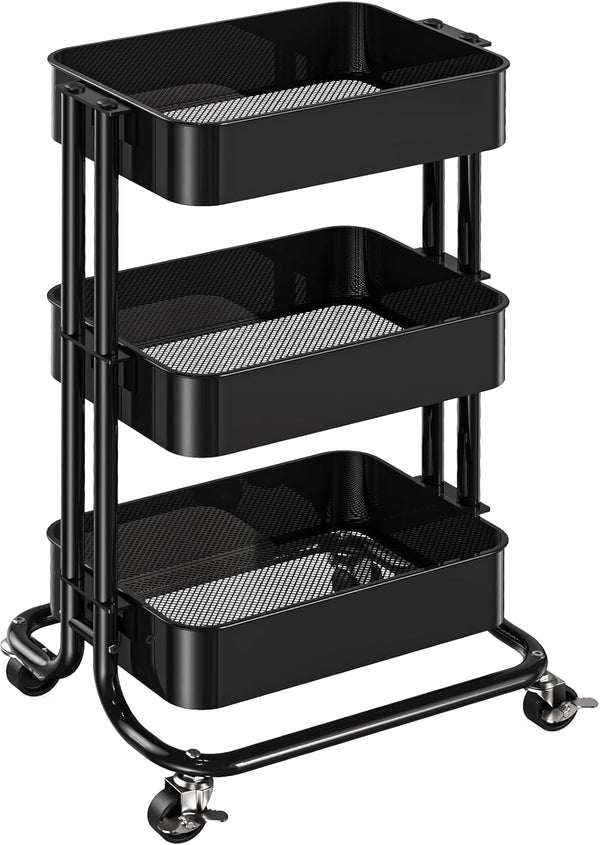 Pipishell 3 Tier Metal Rolling Utility Cart, Heavy-Duty Storage with 2 Lockable Wheels, Black