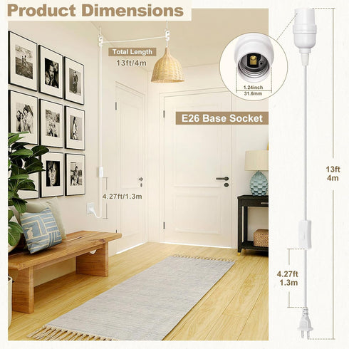 E26 13 4-Pack DiCUNO Hanging Lantern Extension Cord Cable, Pendant Light Socket On Off Inline Cord Switch Control Lamp