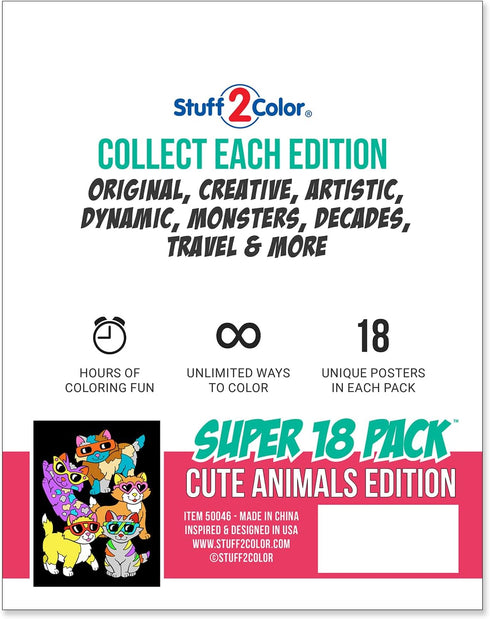 Super Pack of 18 Fuzzy Coloring Posters, Cute Animals Edition, Arts & Crafts Kit for Kids, Perfect for Quiet Time