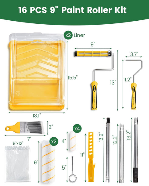 9 Inch 4 inch, 16 Set VOOMEY Paint Roller Kit with Extension Pole - Paint Roller with Tray, Mini Paint Roller Small