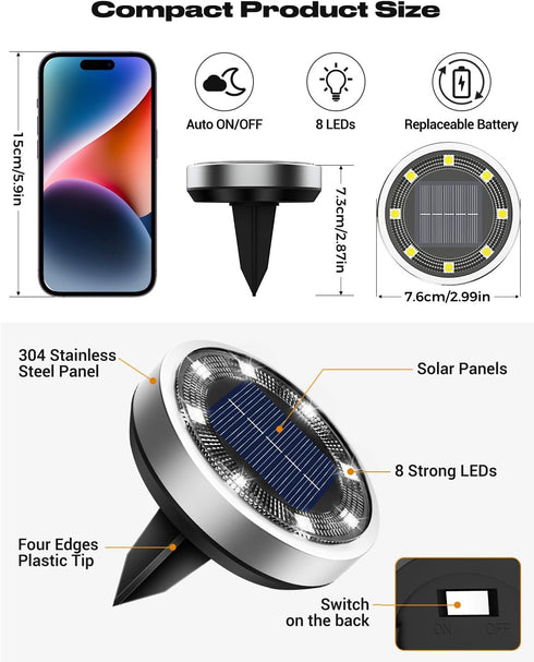 6 Pack 8 IP65 btfarm Solar Lights Outdoor, LED Solar Ground Lights Waterproof Flat Solar Disc Light, Pathway Lights