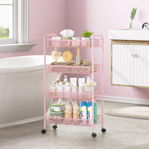 4-Tier 3 SYKIARIOL Metal Utility Cart, Mesh Wire Rolling Cart on Wheels, Storage Trolley with Easy Assembly, Organizer