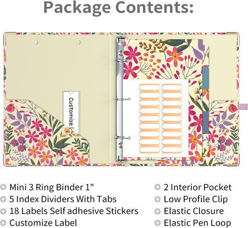 Ospelelf Mini 3 Ring Binder 1 Inch, Cute Binder for 5.5" x 8.5" with 5 Tab Dividers and File Folder Labels