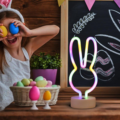 Welpurch Bunny Shape LED Neon Signs, Colorful Rainbow Rabbit Neon Lights USB/Battery Powered Night Lights with Base