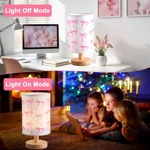 Lonfliness Pink Bow Kids Table Lamp Kids Bedside Lamp Bedroom LED Night Light with Linen Wooden Nightstand Cartoon