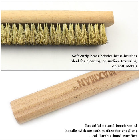 MAXMAN Brass Brush Set 4Pcs, Soft Brass Bristle Wire Brushes with 10 Inch Beechwood Handle, Metal Brush for Cleaning