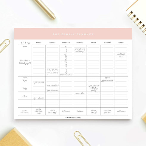 Bliss Collections Family Planner, 50 Undated 8.5 x 11 Tear-Off Sheets, Simple Pink Daily and Weekly Calendar for