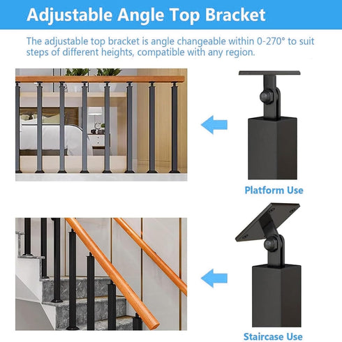 PAUANI 270 Stairs Handrail - Metal Stair Railing, Adjustable Flat Brackets Spindle Post, Safety Steps Support Grab