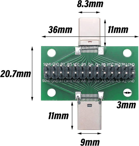 2 Pcs USB 3.1 Type-C Male to Female Test Board with PCB Board 24 Pins Double-Sided Socket for Data Transfer