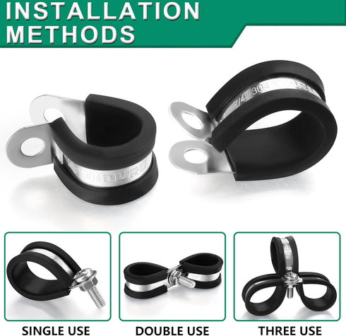 50PCS Stainless Steel Cable Clamps Assortment Kit with Screws, 7 Sizes 1/8" to 3/4" Rubber Coated Insulated