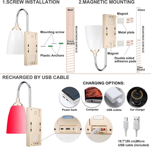 Bathroom,12 HONWELL Wall Lamp Wireless Battery LED Wall Sconces Indoor Multi Color Wall Sconce Light Fixture for Room