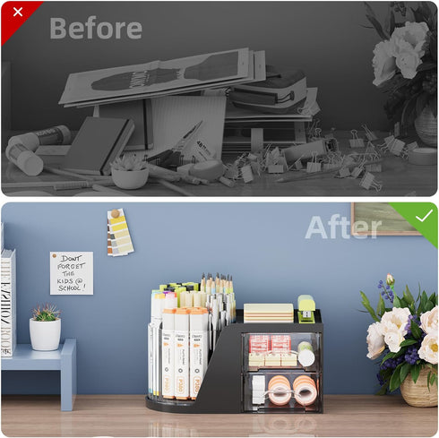 Marbrasse Desk Organizer with 2 Drawers, 360° Rotating Pen Holder, 6 Slots Pencil Organizer, Art Supply Storage (Black)