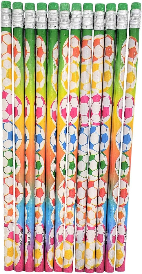 Fun Soccer Ball Print Colorful Pencils with Eraser Top (7.5" Standard size) Euro Football Design. #2 Lead. Unsharpened. Made of Wood. (24) by Zugar Land