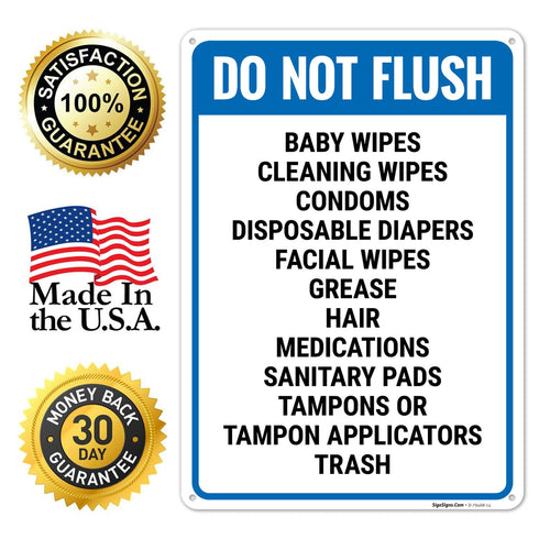 10x14 Inches, 55 Do Not Flush Baby Wipes Cleaning Wipes Condoms Disposable Diapers Facial Wipes Grease Hair Sign, mil