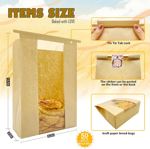 Packaging 50Pcs 13.7x8.2x3.5in Paper Bread Bags for Homemade with Window, Twist Tie&Sticker Ideal for Sourdough Bread