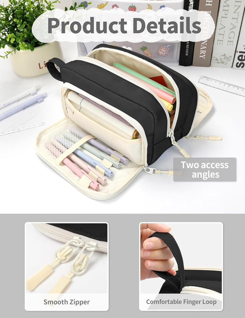 SUNEE Aesthetic Pencil Case, Kawaii Large Pen Pouch with 3 Compartments, Black Stationery Organizer for Teen Girls
