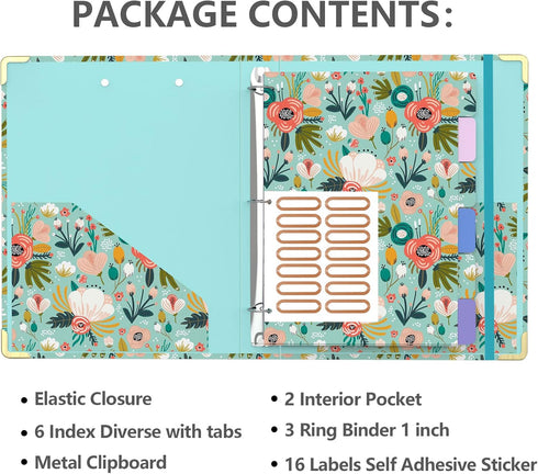 Cute Round Ring 3 Ring Binder 1 Inch, Green Floral with 6 Tab Dividers, Labels Stickers, Low Profile Clipboard with