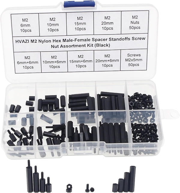 M2 Nylon Hex Male-Female Spacer Standoffs Screw Nut Assortment Kit - Black