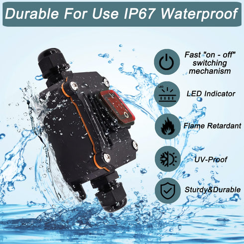 IP67 Waterproof Inline Cord Switch DPST AC 20A-125V, 16A-250V, On Off Toggle Switch with Red Light Rocker Button