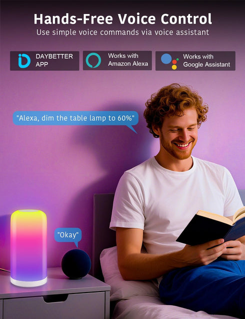 70+ Room(2.4GHz DAYBETTER BGRIC Smart Bedside Lamps, Touch Lamps for Nightstand, Compatible with Alexa and Google Home