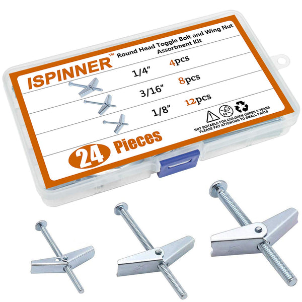 ISPINNER 24pcs Toggle Bolt and Wing Nut Assortment Kit, Heavy Items Drywall Hanging, 1/8" 3/16" 1/4"