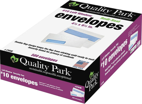 Quality Park #10 Left Window Security Tinted Envelopes, 500 per Box, 24 lb. White Wove, 4-1/8 x 9-1/2