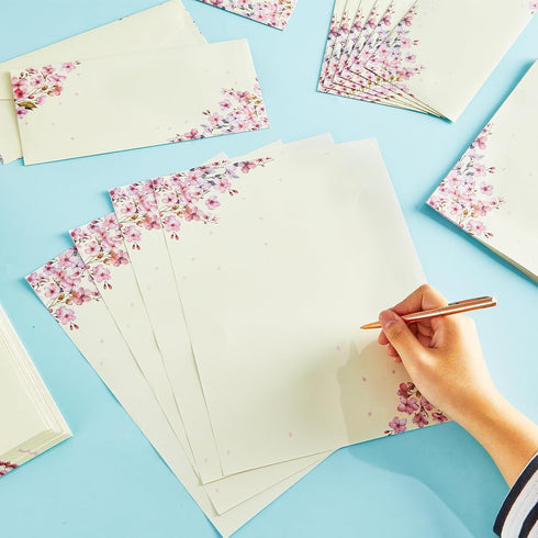 50Pcs 8.5 11 Inch Cherry Blossoms Letterhead with Envelopes Floral Cherry Blossoms Computer Paper Pink Floral