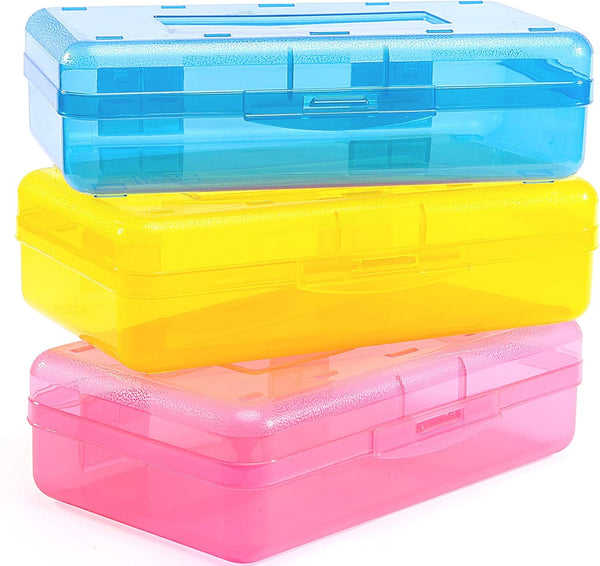 Sooez 3 Pack Large Capacity Hard Pencil Case, Plastic Crayon Pencil Boxes with Snap-tight Lid, Clear Storage Box Craft