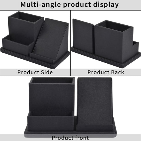 Black Pu Leather Desk Pen/Pencil Organizer with 3 Compartments, Multi-Function Storage Box for Office Supplies