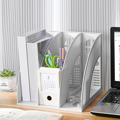 SAYEEC Magazine File Holder, 3 Compartment Desktop Organizer for Notebooks and Documents, Gray