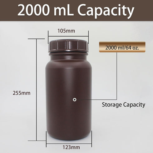Laboratory Grade HDPE Wide Mouth Amber Reagent Bottle, Designed for Laboratories Classrooms or Storage at Home, 2,000mL