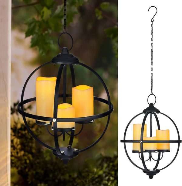 SUNNYPARK Battery Operated Outdoor Candle Chandelier - Black Metal Globe Hanging Pendant Light